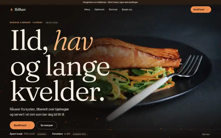 Skjermbilde av restaurantdemoen Ildhav: mørk hero med grillet laks og overskriften «Ild, hav og lange kvelder».
